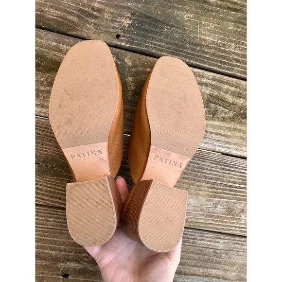 Patina Tan Leather Block Heel Mules Slip On Almond Toe Shoes Size 11 - Picture 8 of 8